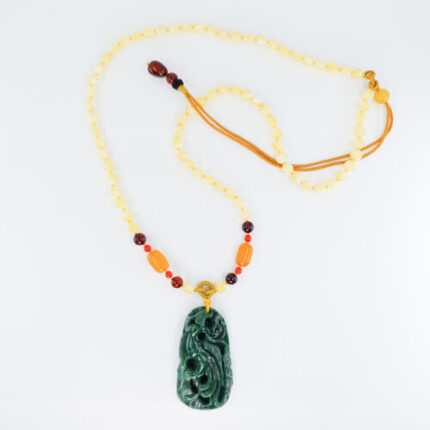 Hunter Green Jadeite with Phoenix Engraving and Amber Beads Necklace