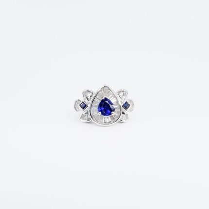 Pear Shaped Blue Sapphire Ring with Tapered Diamonds